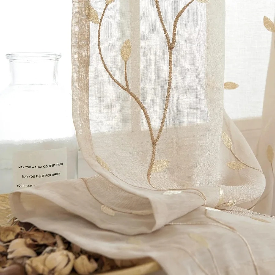 Sheer Curtains for Bedroom and Living Room: 84 Inch Length Leaf Embroidered SemiSheers with Botanical Embroidery on Transparent