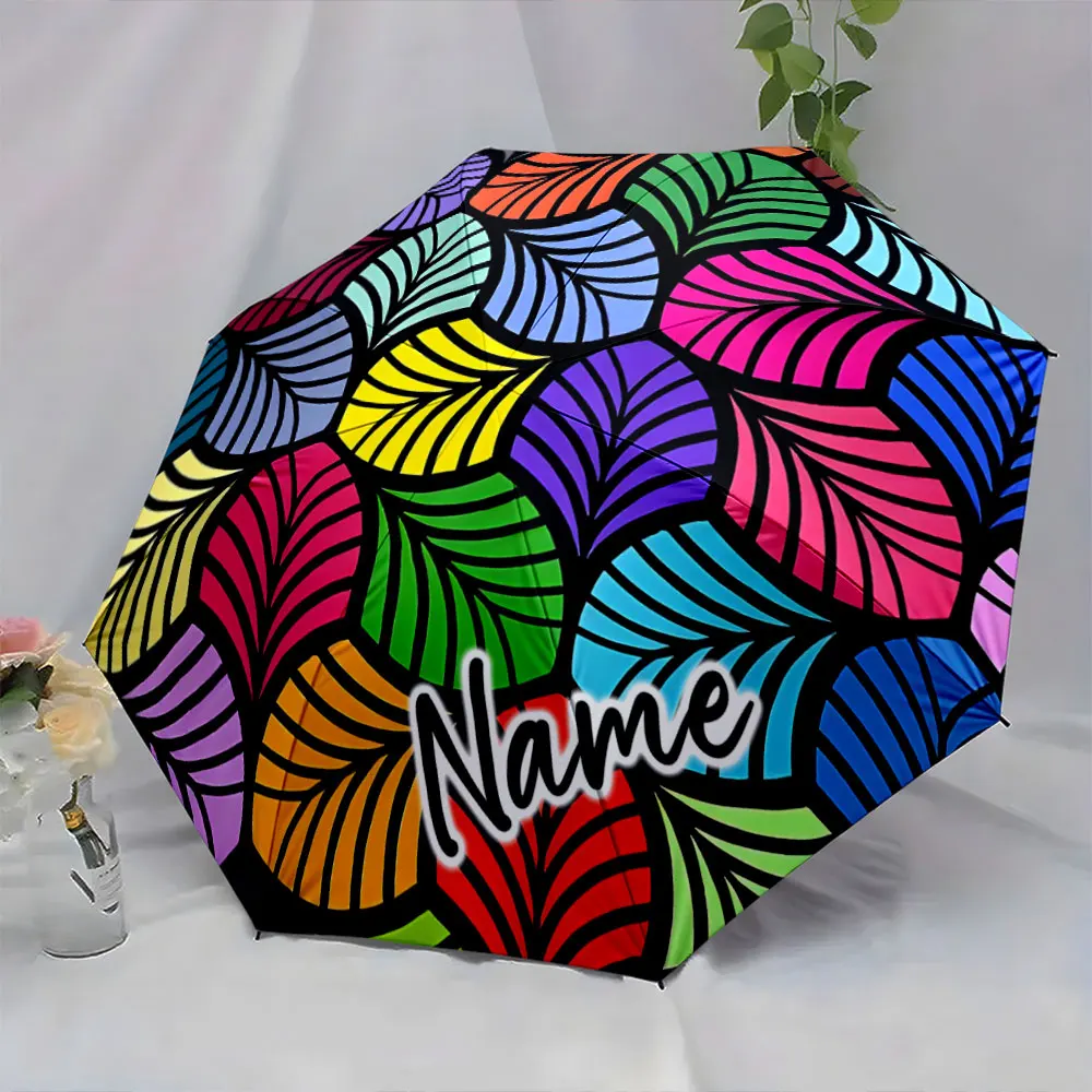 Custom Name  Colorful Leaves Pattern Umbrella Design Print 8 Iron Ribs Folding Umbrella Auto-Open Fashion Sunshade