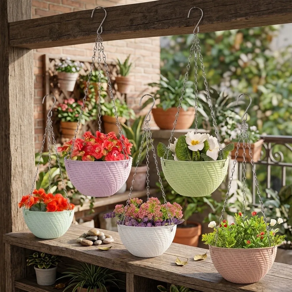 5 Piece Hanging Plant Basket Set Made of Plastic with Attached Chain Hooks for Balcony Patio or Indoor Greenery Display view 6