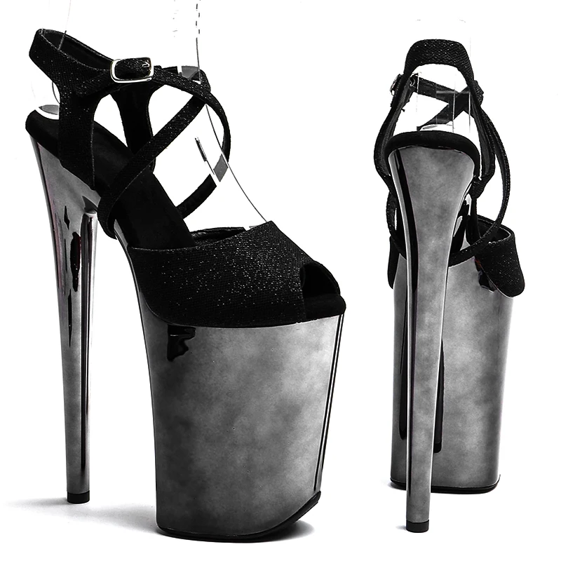 Leecabe 23CM/9inches Glitter  upper fashion trend exotic gun electroplate Platform High Heels Sandals Pole Dance shoes