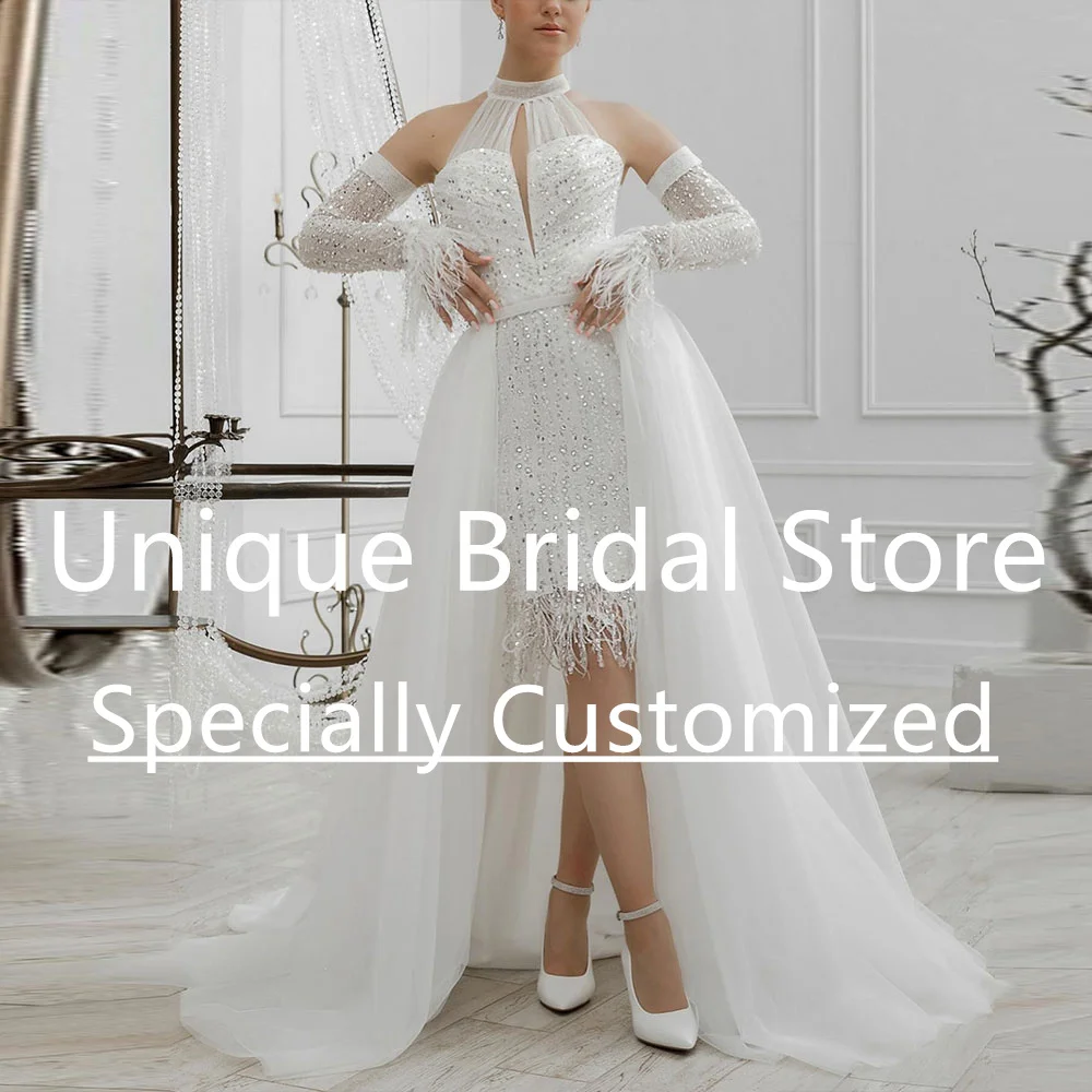 

Customized Gorgeous Short Bridal Gown Lace Long Sleeve Sequins Tassel High Neck Backless Lace-up Detachable Wedding Dress 2023 C