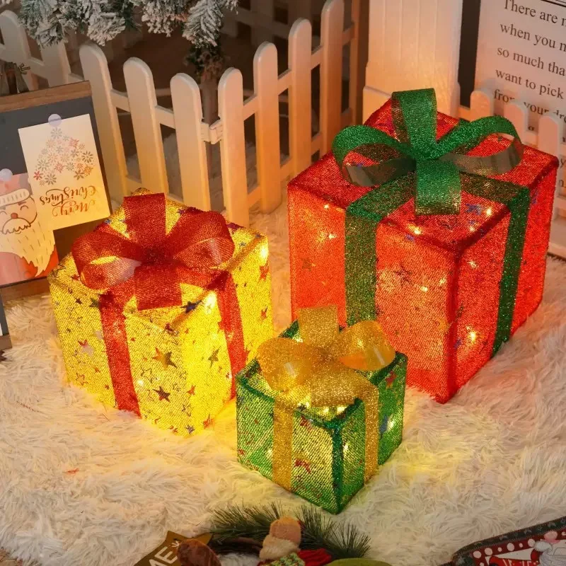 New Christmas gift box lanterns three-piece set, room party lighting string, outdoor decorative ornaments, lighting lights