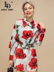 LD LINDA DELLA 2023 New Fashion Designer Summer Cotton Shorts Women Turn-down Collar Floral Shirts and Printed Shorts Suits