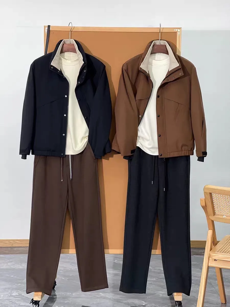 

Мужская повседневная вязаная хлопковая куртка с воротником-стойкой, двухслойная ветрозащитная водонепроницаемая ткань, осенне-зимняя модная подставка