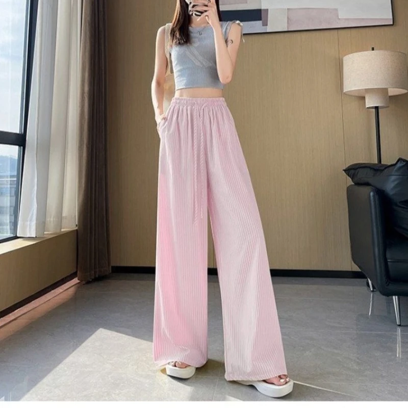 New Summer Retro Lazy Style Small Fresh Vertical Stripes Wide Legs Loose Floor Thin Casual Pants Women's Trend Fashion Pants