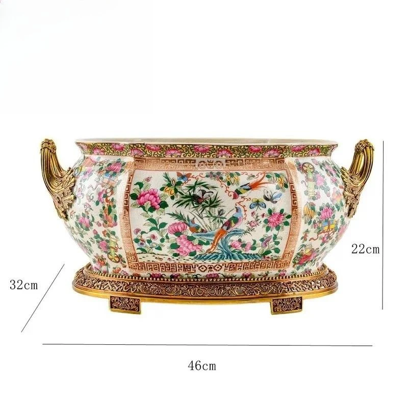Luxury Vintage Ceramic Oval Vase with Brass Base Large Porcelain Flower Arrangement Wine Jug Antique Home Decor Decoration