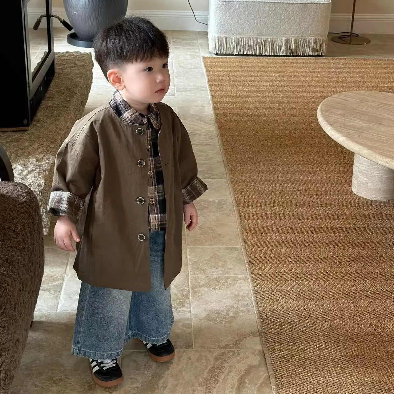 

Children's Coat Spring and Autumn Korean Edition New Boys' and Girls' Casual Handsome Windbreaker Mid To Long Length Top