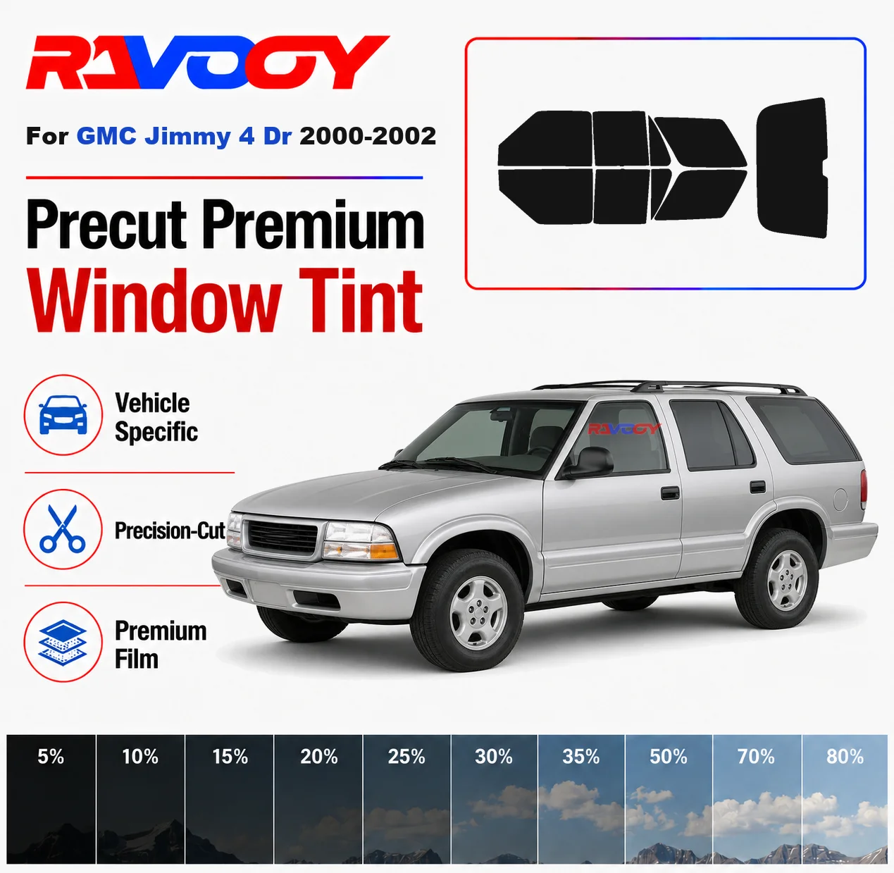 Premium Precut Window Tint Kit Front Rear Windows Rear Windshield For GMC Jimmy 4 Dr 2000-2002 Complete Set Nano Ceramic Film