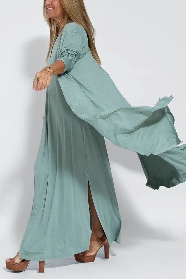 2024 Spring Summer Fashion New Solid Long Sleeve Cardigan Women Loose Casual Long Style Slit Coat Lady Elegant Chiffon Cardigan