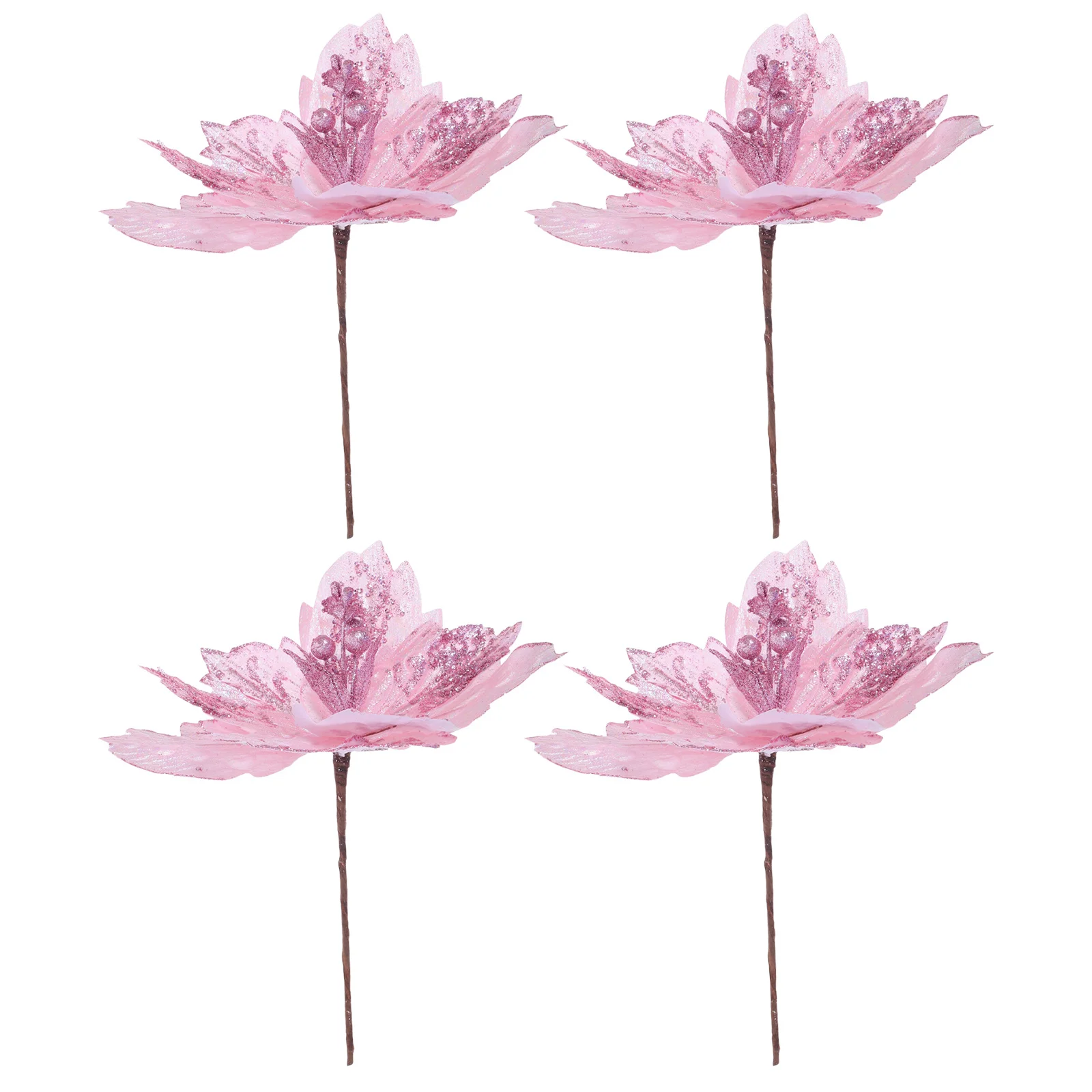 

4Pcs Poinsettia Silk Glitter Faux Flowers Xmas Tree Ornaments Table Centerpiece Decor Reusable Festive Home