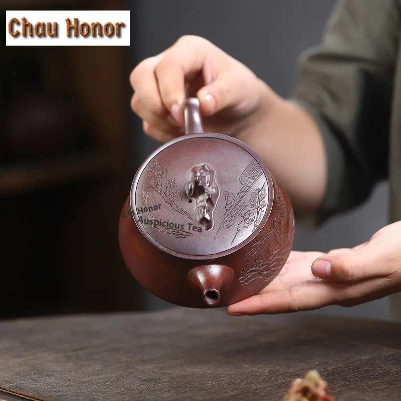 230ml Antique Yixing Purple Clay Teapots Handmade Guan Shan Pot Raw Ore Wood-fired Mud Kettle Chinese Zisha Tea Set Ornaments