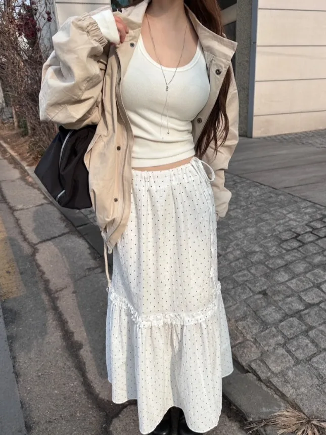 

Корейская женская юбка в горошек и клетку, весна 2026, с завязками, А-силуэт, элегантная, универсальная, милая, белая