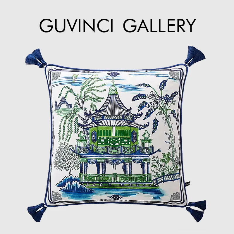 GUVINCI Pagoda Green And White Cushion Cover With Tassels Super Soft Velvet Charming Decorative Pillow Case For Garden Villa