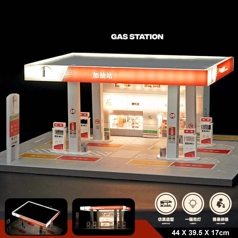 1/64 Scale Diorama Car Garage Model LED Lighting City Gas Station Backdrop Display Scene Model Collection Toy Gift