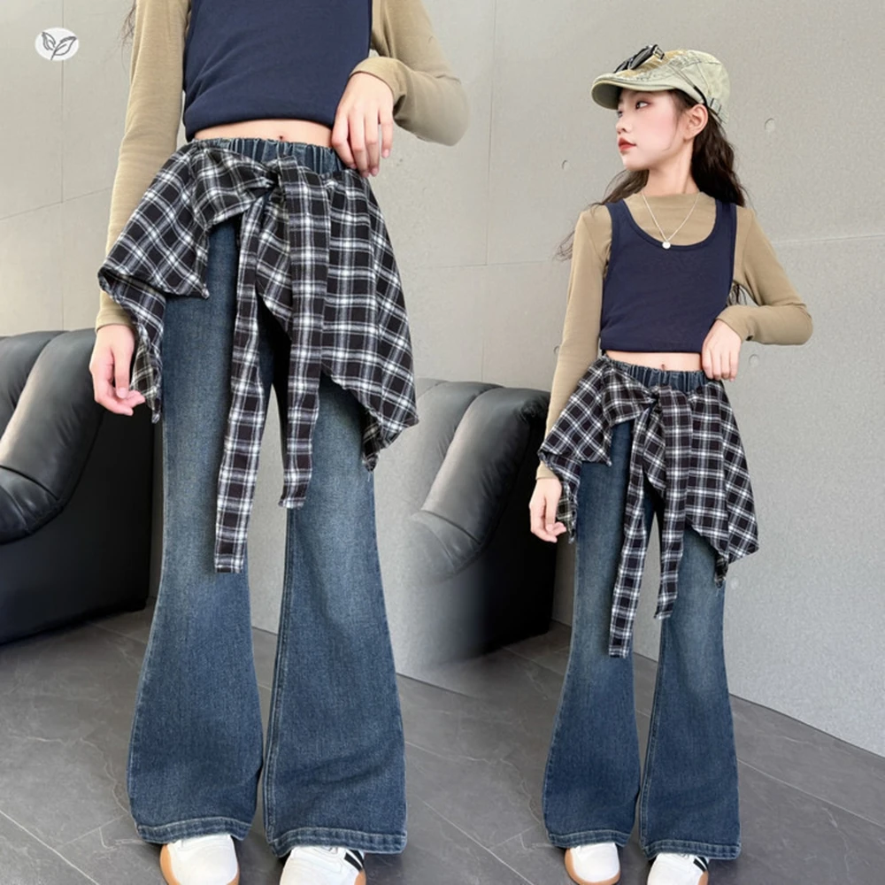 

Teenager Girls Jeans with Checkered Ruffle Hem Faux Two-Piece Autumn Flared Pants Bootcut Denim Trousers for Kids 10 12 Years