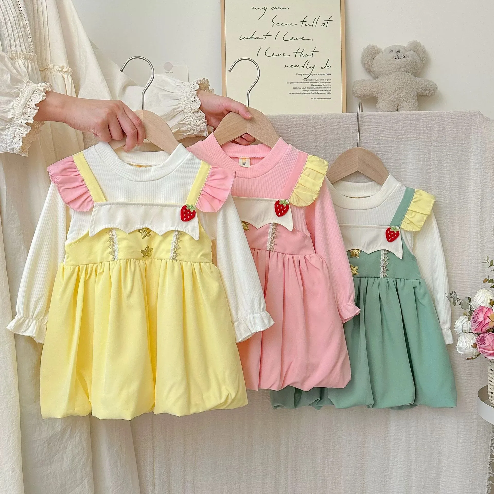 

Girls Dresses Summer Colorblocking Cotton Long Sleeve Baby Girl Dresses Cute Strawberry Baby Dresses Baby Girl Clothes