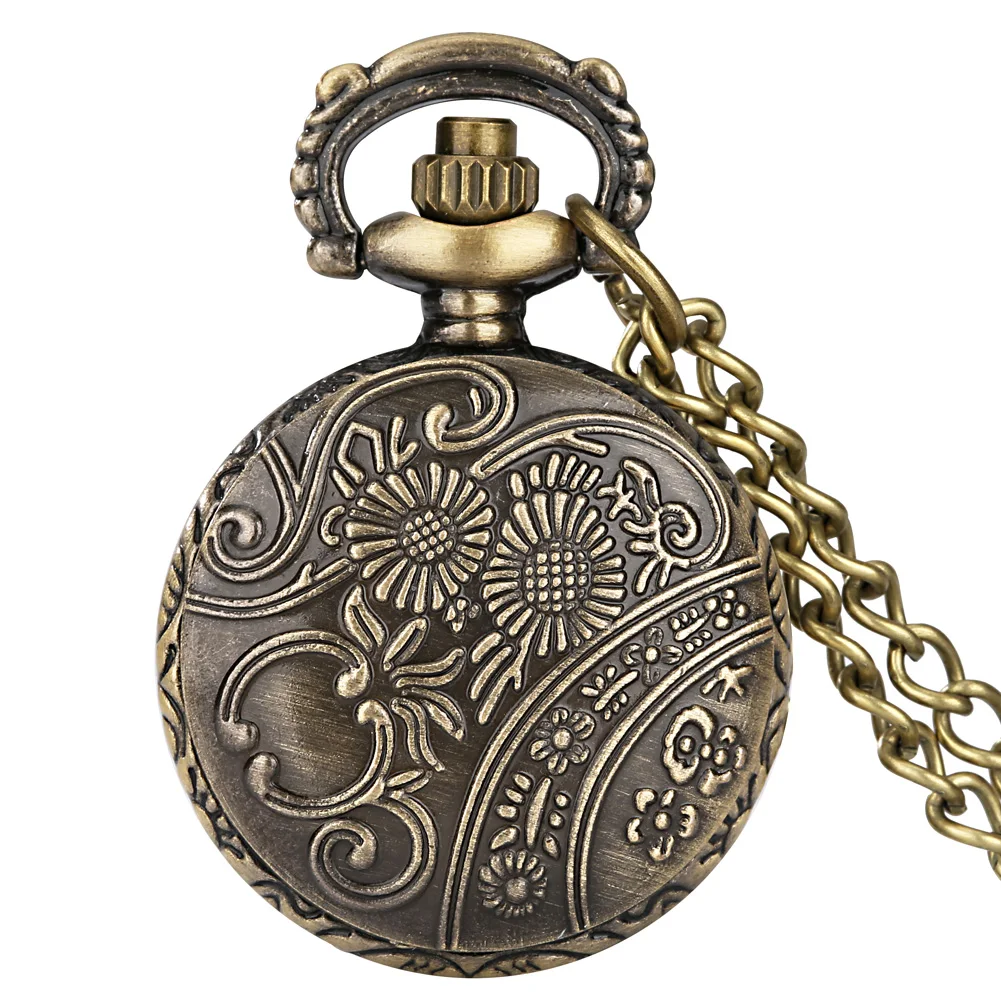 Affascinante orologio da tasca al quarzo con motivo artistico in bronzo di piccole dimensioni carino con orologio a catena con collana per ragazze e signore