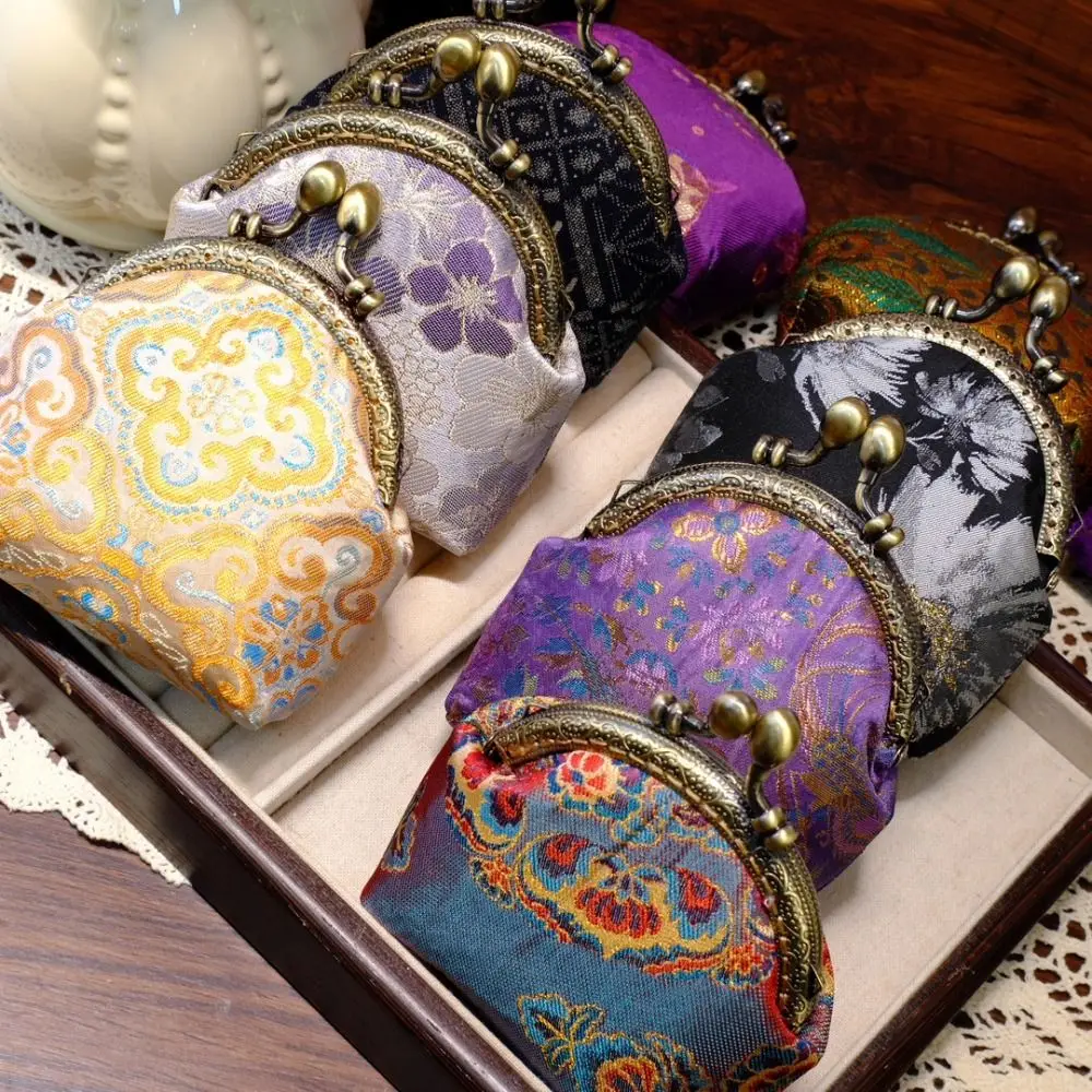 Anti-lost Kiss Lock Coin Purse Thickened Portable Brocade Mini Pouch Chinese Style Polyester Embroidered Small Pocket