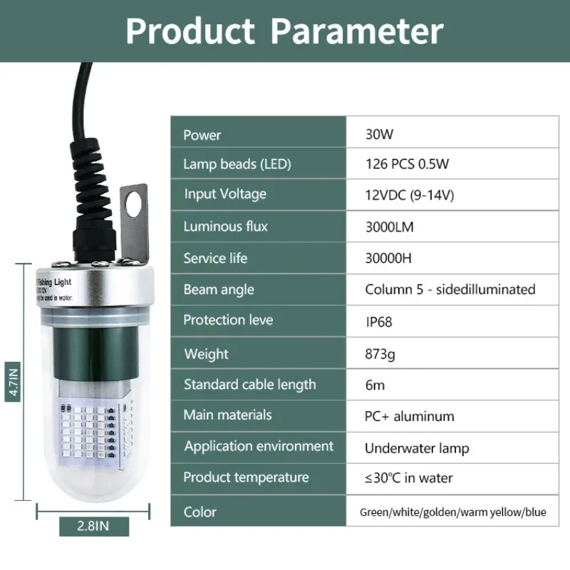 30W Submersible Green LED Fishing Light 12V, 3000LM Underwater Night Fish Finder Lure for Crappie Squid with 20FT Cord