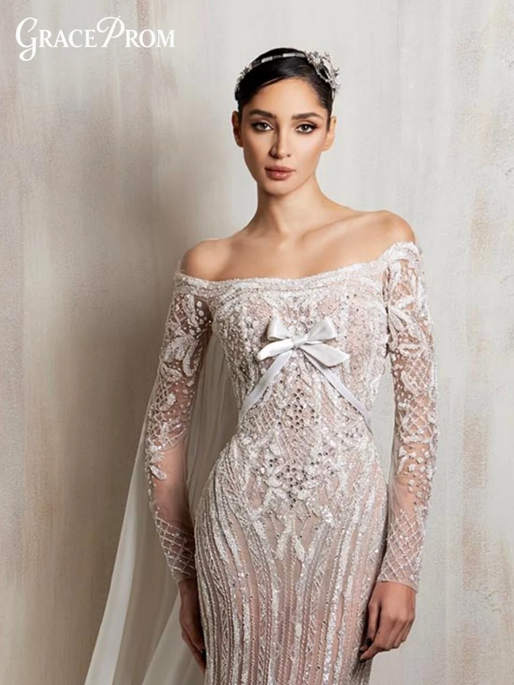 

Luxury Off The Shoulder Long Sleeve Evening Dress 2026 Exquisite Timeless Bow Beading Sequins Party Dress Formal Gown For Prom