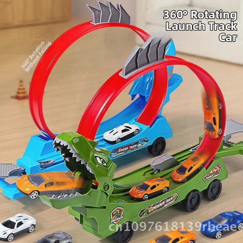 مجموعة ألعاب سيارة المنجنيق للأطفال على شكل ديناصور وسمك القرش - تجميع مجاني لسيارات السباق للأولاد - ألعاب مسار منزلقة بلاستيكية #4