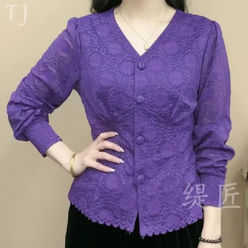 Fashion Lace Shirt New 2023 Spring Autumn Shirts Blouse Korean Long-Sleeved V-Neck Casual Shirt Coat Bottoming Mother Dress