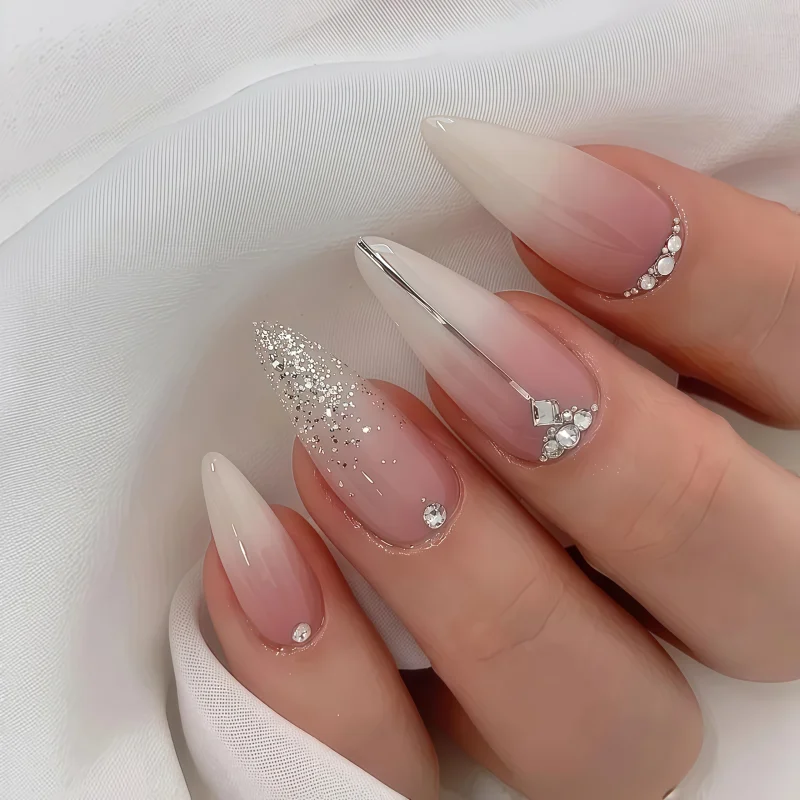 24PCS Long French Almond Press False Nails Pink Gradient Fake Nail Art with White Stripes Design Wearable Full Cover Nails Tips