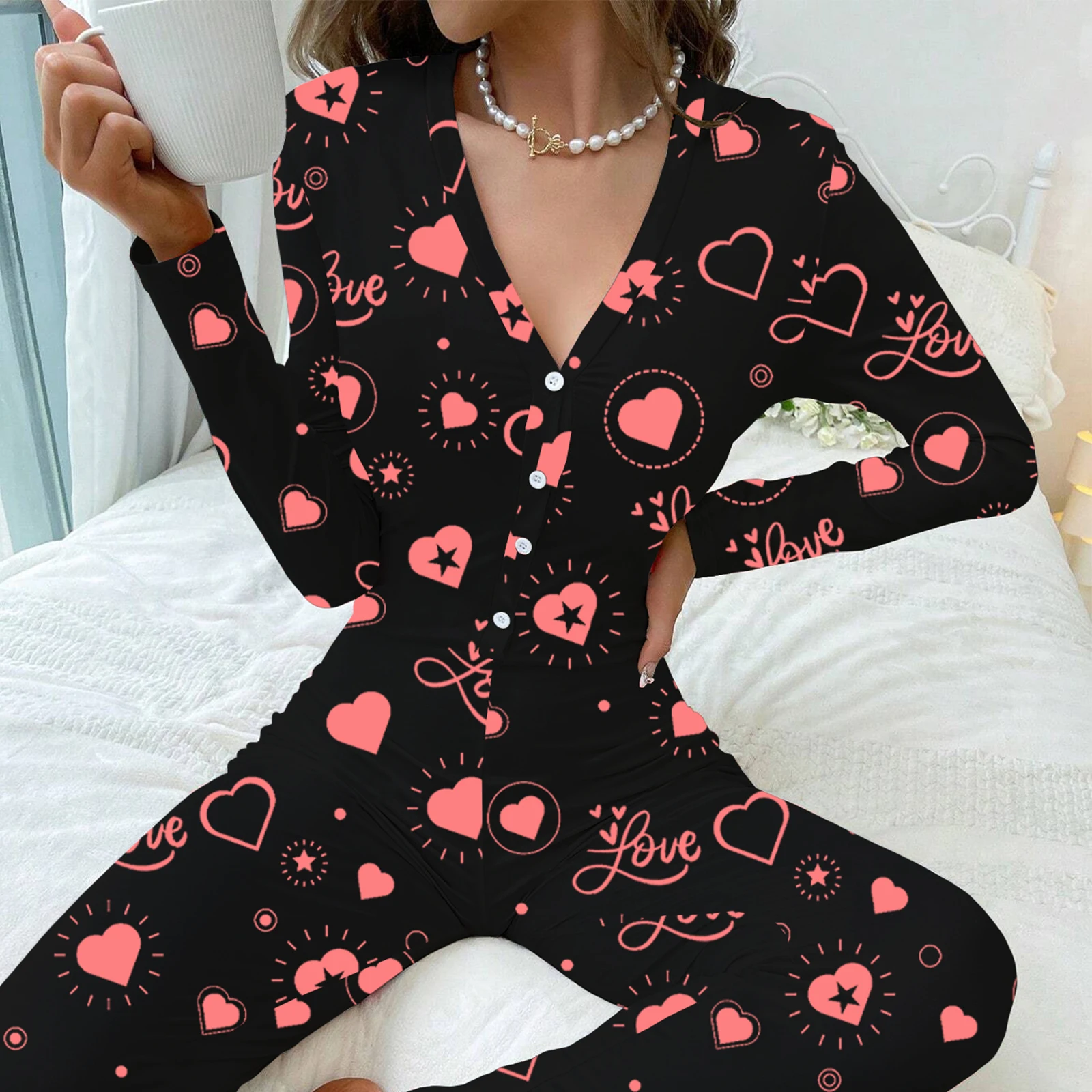 Women\'s Bodycon Pajamas Bodysuit Valentine\'s Day Heart Print Long Sleeve V-Neck Front Button Down Jumpsuit Loungewear Sleepwear