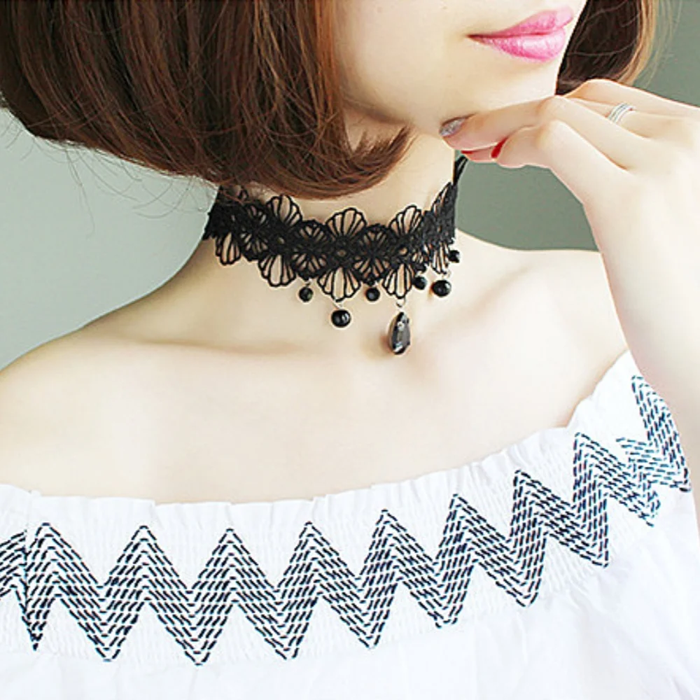 Party Jewelry Gothic Black Beaded Flowers Sexy Lace Neck Choker Necklace Vintage Tassel Chain Women Steampunk Halloween Jewelry image 2