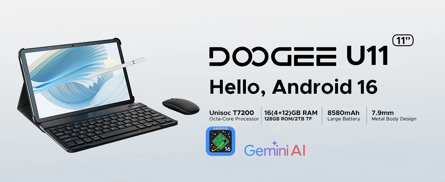 Tablet DOOGEE U11 Android 16, ultra screen 11 inch 90Hz, 4 GB RAM, ROM, battery 8580 mAh, dual top speaker, Supports Widevine L1