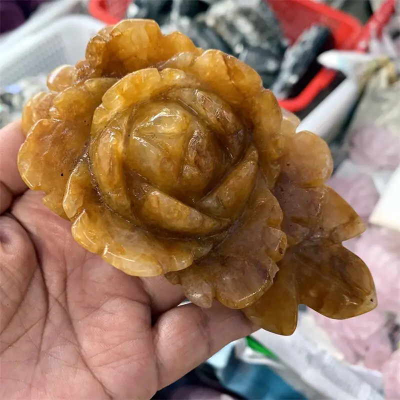 

Natural Yellow Fire Quartz Hematoid Flower Carving Healing Fengshui Stones Reiki Gifts Quartz Home Decoration Gifts 1PCS