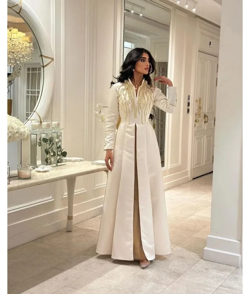 

Lzhk Customized Exquisite Satin A-Line Beading Pearls Sequined Evening Dress High Quality V-Neck Long Sleeves Celebrity Gowns