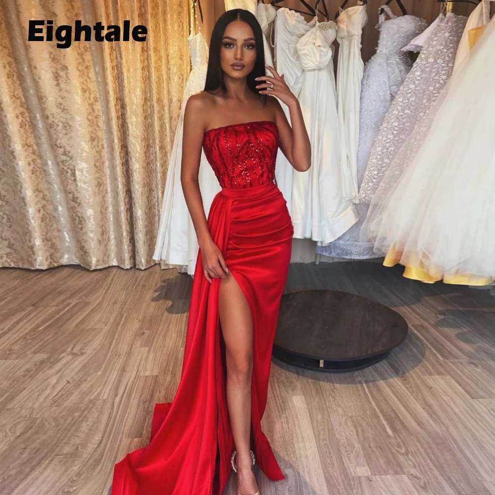 

Eightale New Arrival Evening Dress for Wedding Party Sexy Mermaid Strapless Sparkly Side Slit Satin Arabic Celebrity Prom Gowns