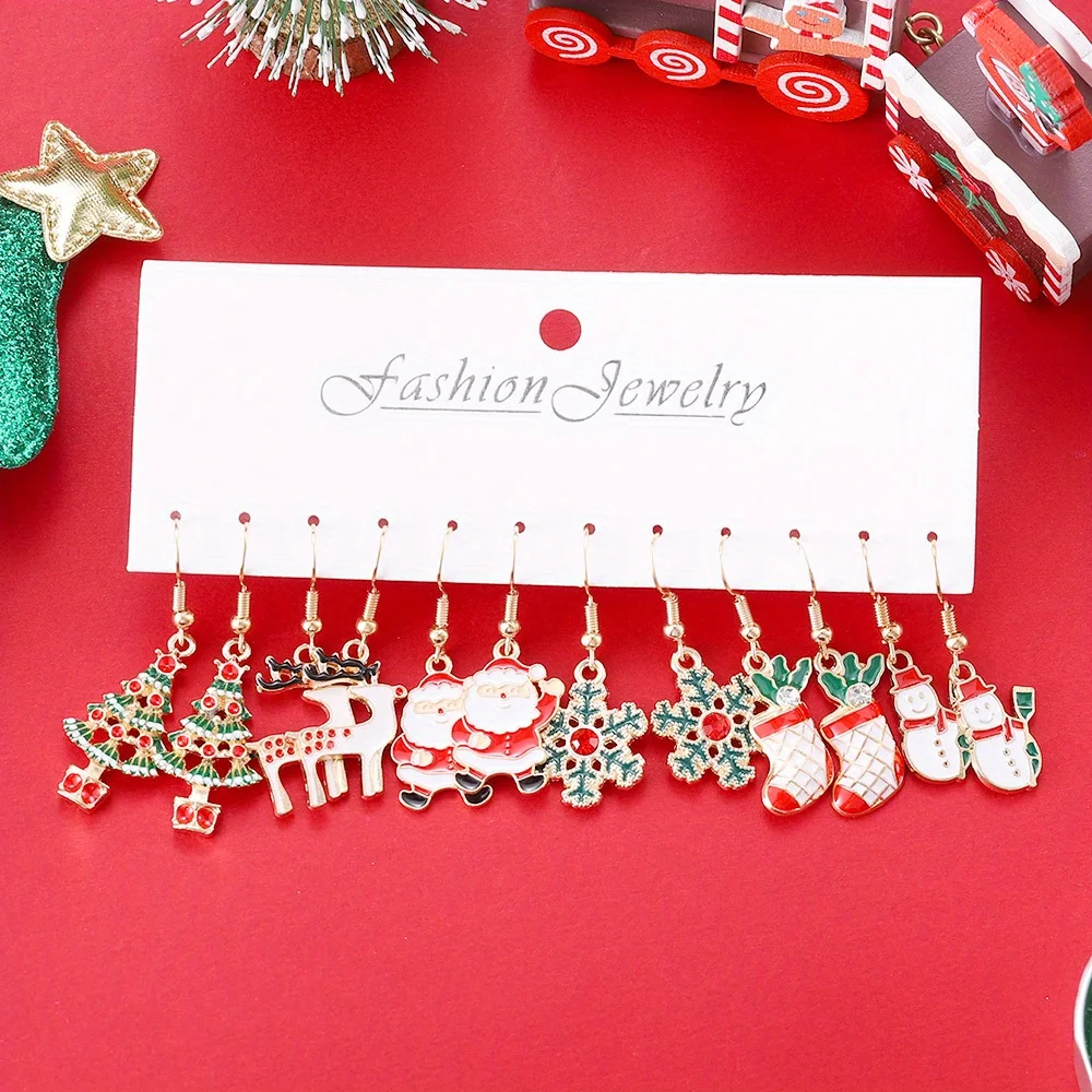 6 أزواج من الأقراط المتدلية لعيد الميلاد الكرتونية مجموعة سانتا كلوز شجرة عيد الميلاد ثلج الرنة أحذية الثلوج قلادة الملحقات