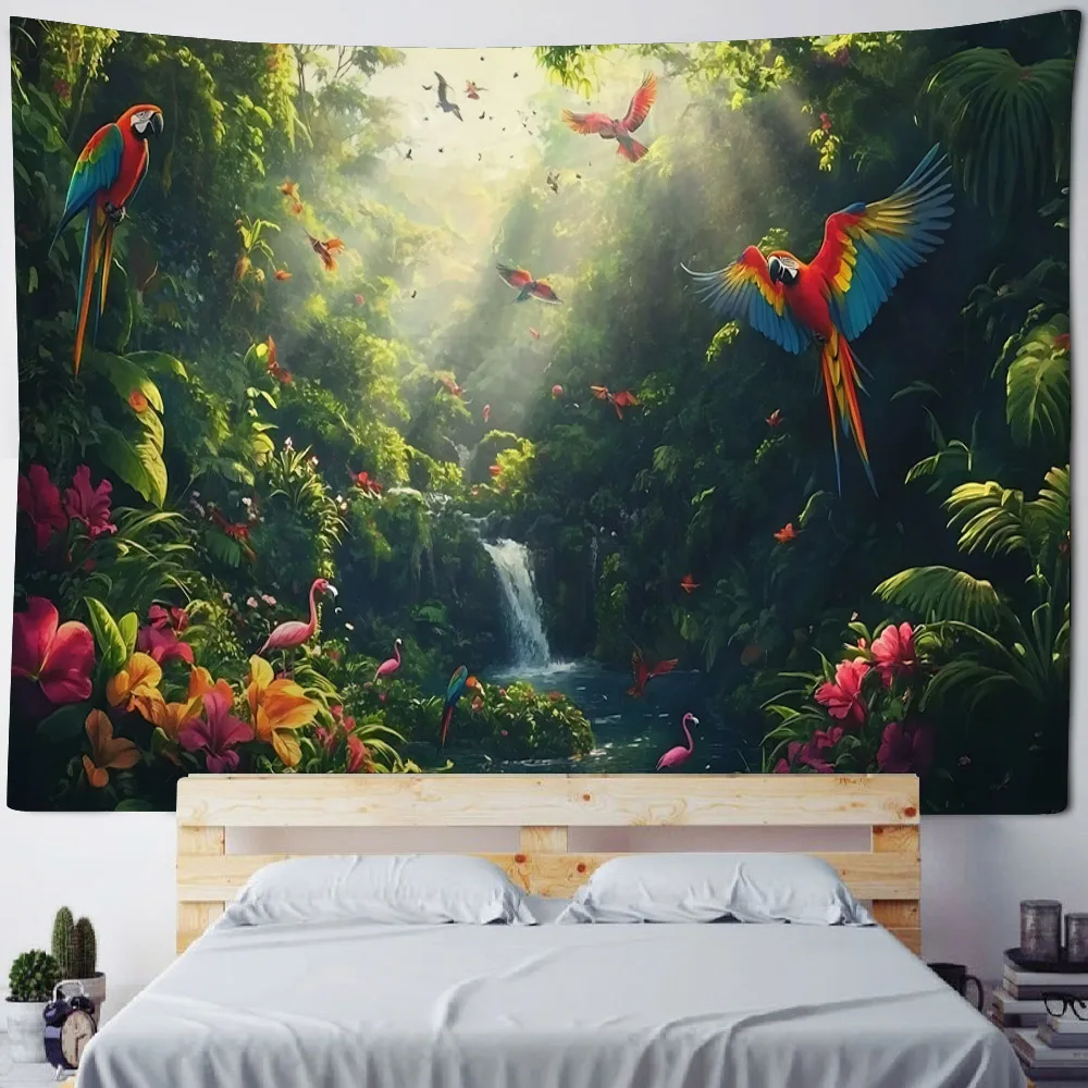 Jungle Bird Art Tapestry Psychedelic Scene Home Decor Art Wall Hanging Hippie Boho Aesthetic Room Decor Home Wall Decor Yoga Mat