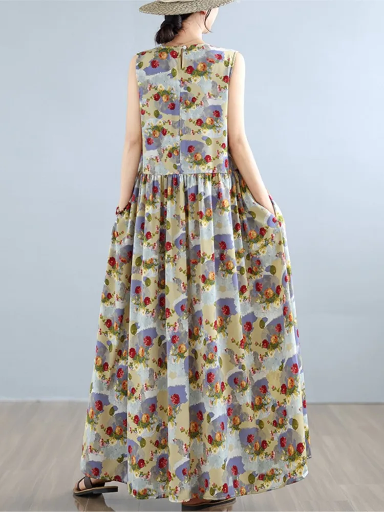Oversized zomer mouwloze jurk dames bloemenprint mode bohemien stijl damesjurken losse ruche geplooide damesjurk