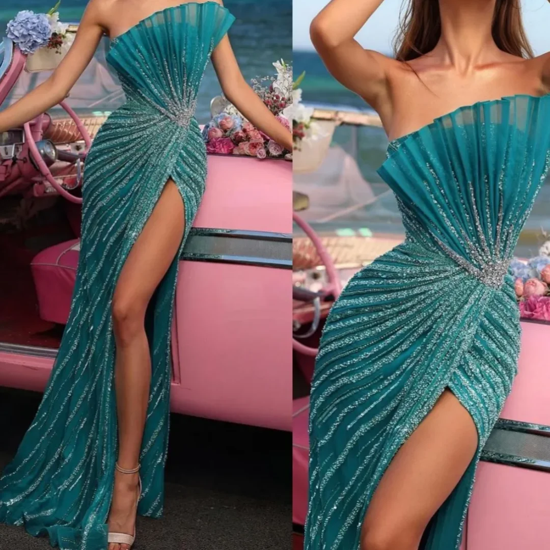 

Sexy Split Pleats Crystal Beads Formal Prom Gown Elegant Strapless Mermaid Evening Dress Customized