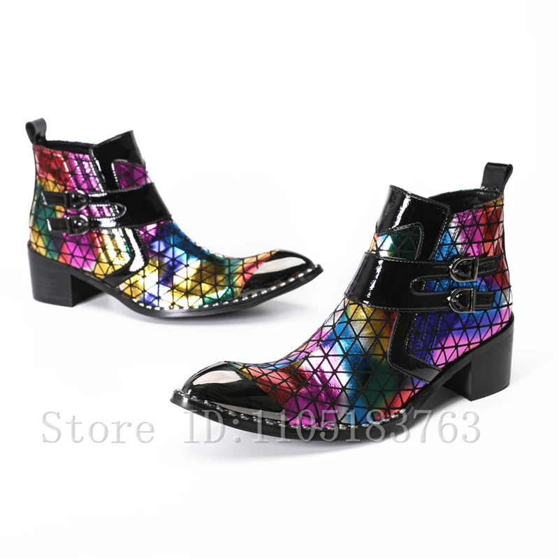 Men's Punk Style Shiny Colorful Ankle Boots Rainbow Geometric Print Metal Cap Toe Buckle Straps Side Zip Western Cowboy Boots