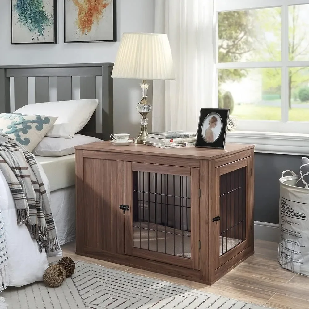 Furniture Style Dog Crate End Table with Cushion, Wooden Wire Pet Kennels with Double Doors, 36“L x 23