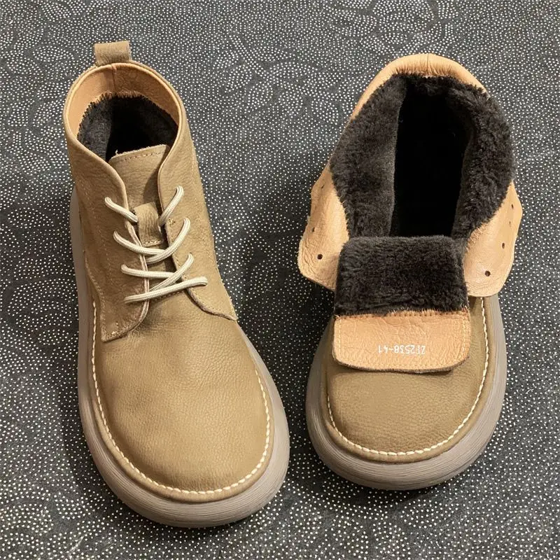 

Wide toe velvet fur warm boots genuine leather real medium top men's boots winter thickened cotton shoes cowhide short boots