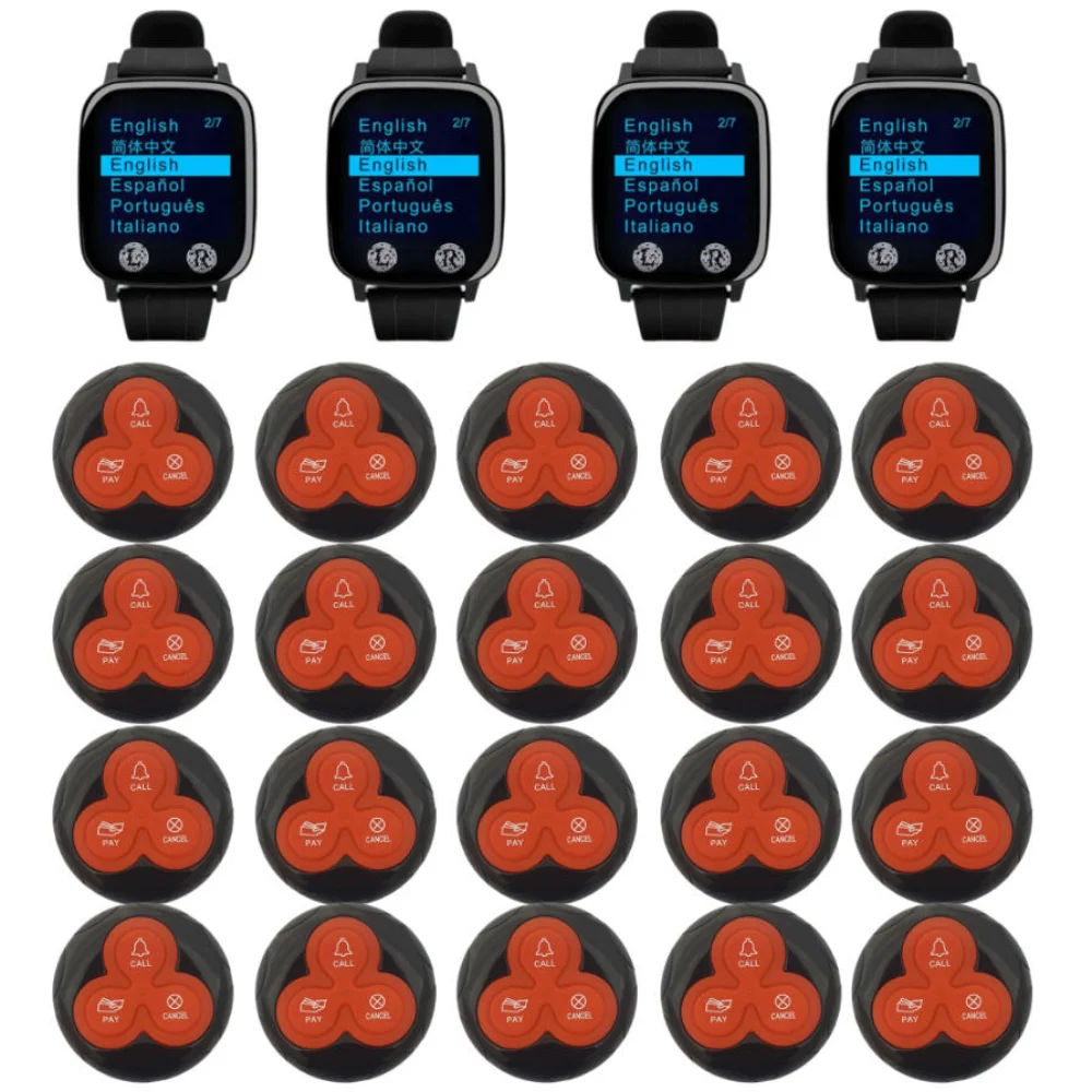 CTW08 Wireless Calling System 4PCS Waterproof Wrist Watch Pager Receiver Vibration Sound Alert 20Pcs Call Buttons Nurse Caregive