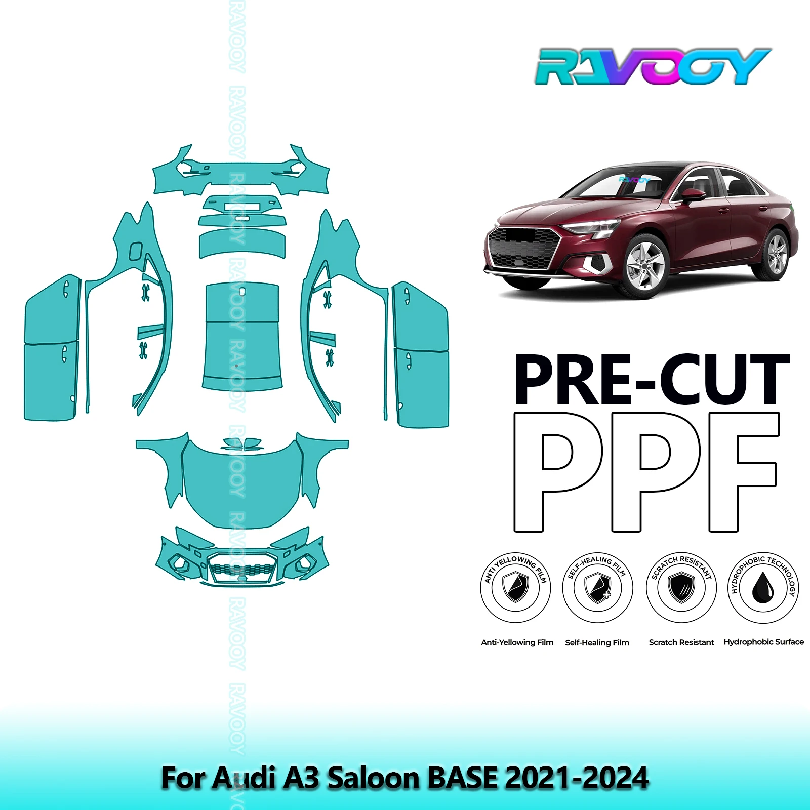 For Audi A3 Saloon BASE 2021-2024 Full Exterior Body 8.5Mil Pre-Cut Paint Protection Film PPF Stone Chip Kit | Clear/Matte/Black