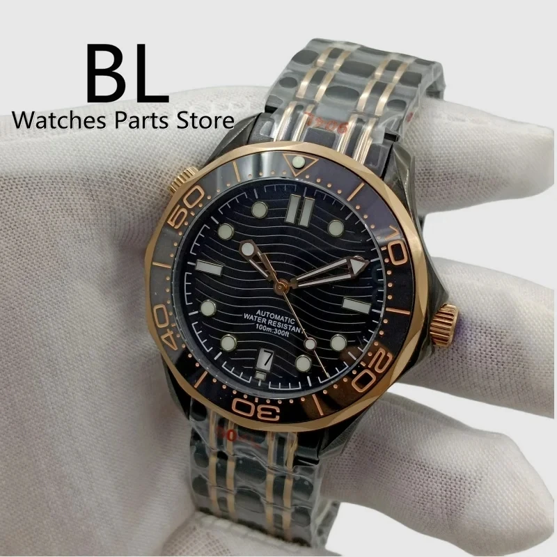 BLIGER 41mm Two tone Rose Gold NH35 Watch For Men Ceramic Bezel Domed Sapphire Glass Black Wave Dial 6 O'clock Date Function