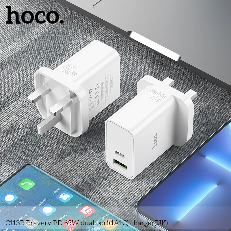 

HOCO C113B PD65W UK Phone Charger Wall Adapter Fast Charging For Smart Phone Iphone 14/15 Pro Max Type-C Travel Portable Charger
