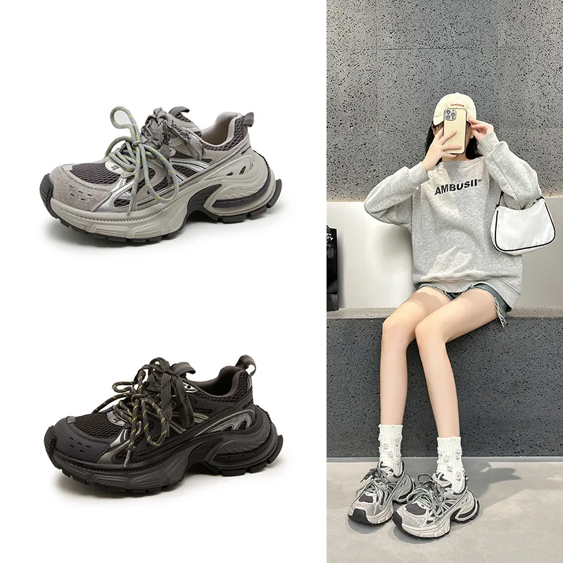 

Retro Thick Bottom Dad Shoes Women's Casual Breathable Mesh Sports Shoes High Help Princess Style Faux Fur Lined Rubber Outsole