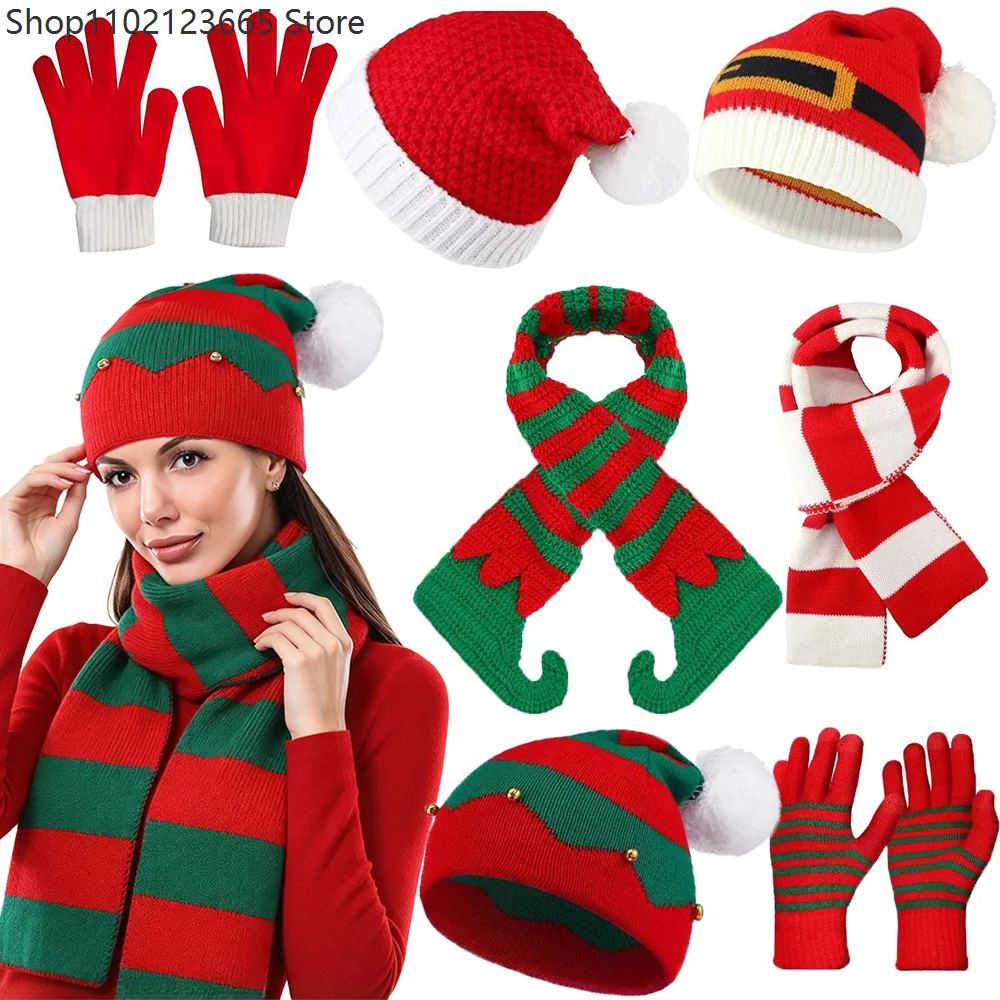 Cos Christmas Knit Hat Scarf Set Mini Santa Claus Hats Scarf Glove Knit Striped Yarn Warm Winter Birthday Party Accessories Suit