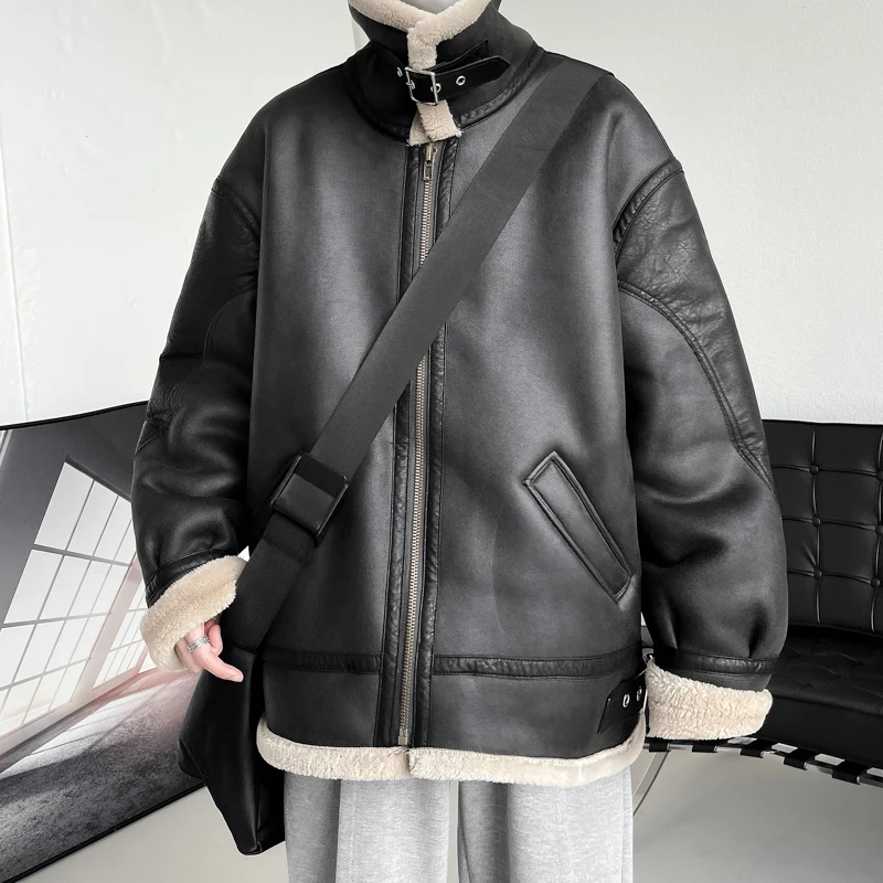 Jaqueta de algodão acolchoada de lã de cordeiro preta masculina, casaco de pelúcia impermeável, Parkas grossas quentes, streetwear casual, inverno, 2024