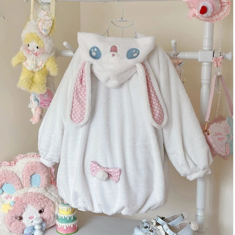 

Autumn Winter New Original Hooded Rabbit Fur Coat Sweet Cute Lolita Versatile Loose White Single-Breasted Jacket for Girls