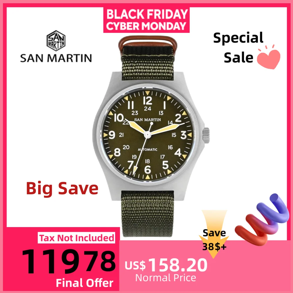 

San Martin 38 мм NH35 полевые автоматические часы для мужчин наручные часы механические простые пилотные водонепроницаемые 10ATM Montre SN0137
