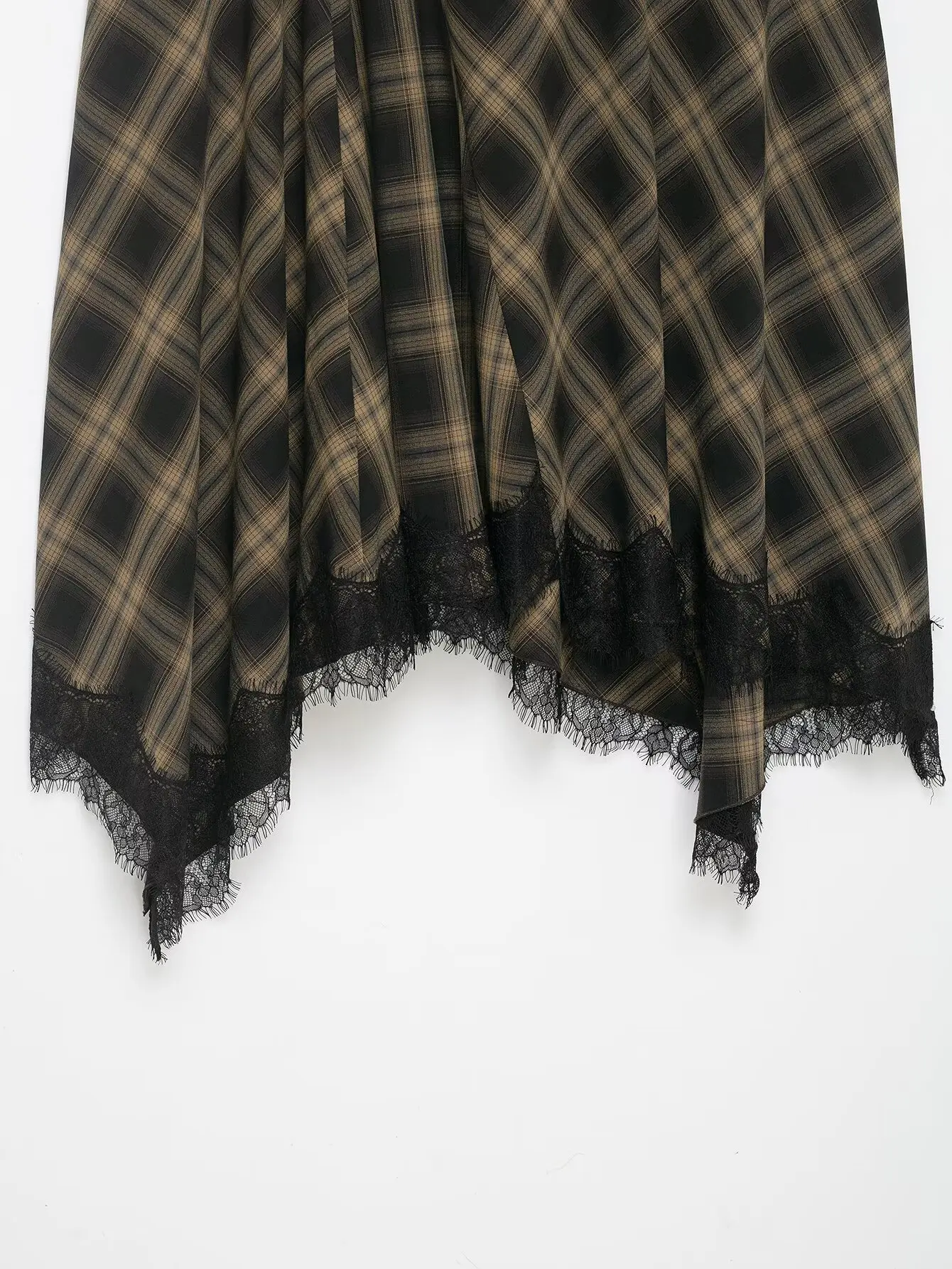 Frühling Neuheit Karierter Rock mit Spitzenbesatz Asymmetrischer Saum Damen Eleganter A-Linien-Rock mit Reißverschluss Midi-Röcke Vintage Party-Röcke 2026 Neu – Detail 15